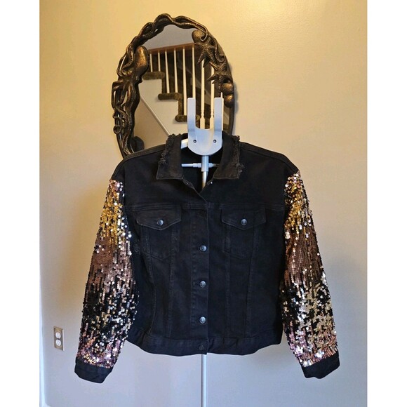 AKIRA Camila Sequin Sleeve Black Denim Jean Jacket Womens XL New NWT Bling - Picture 1 of 9